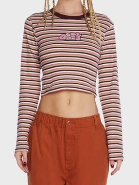 Obey Womens Pink & Maroon Stripe Cropped Long-Sleeve